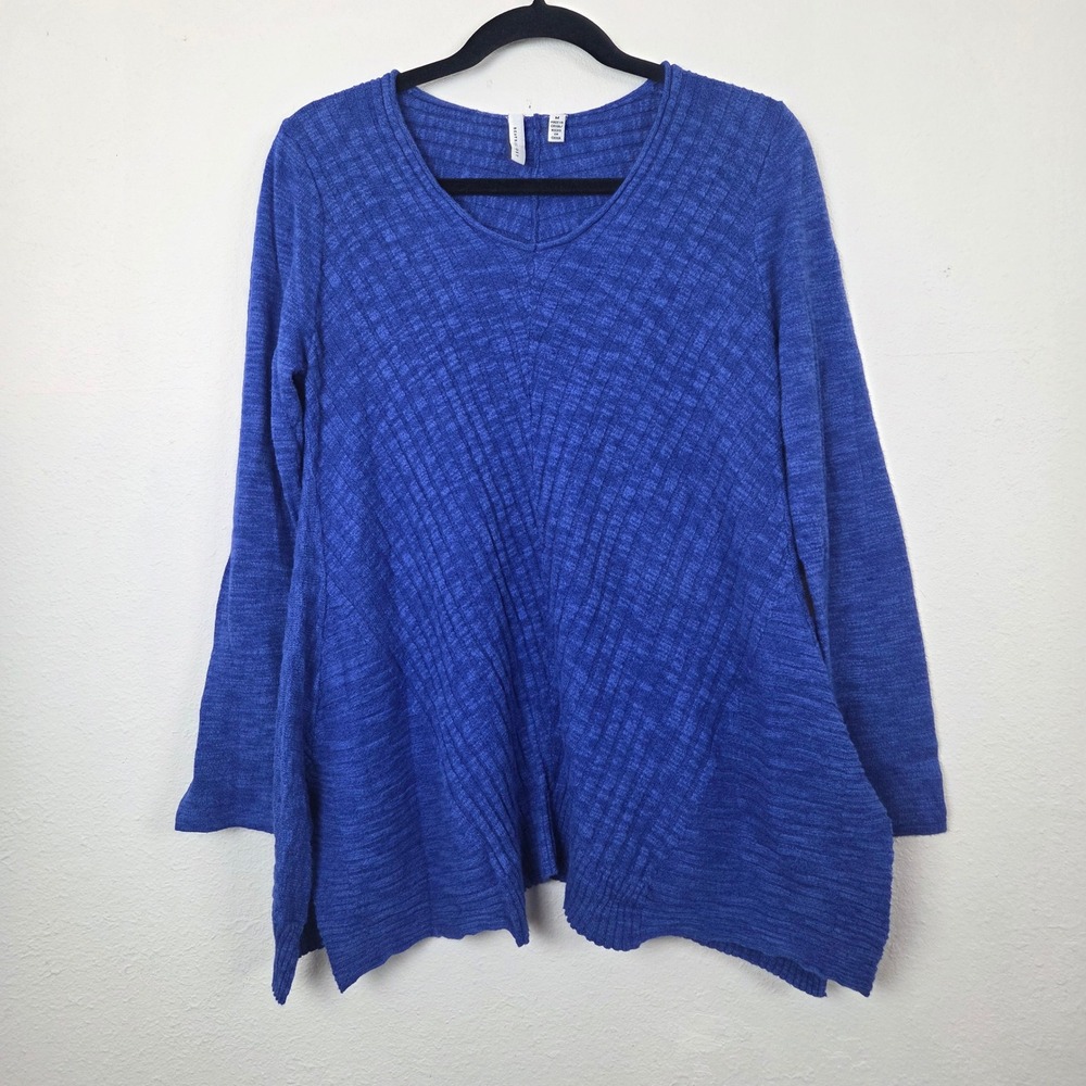 Beatrix‎ Ost Blue Ribbed Knit Sharkbite Tunic Sweater Womens Medium V-Neck